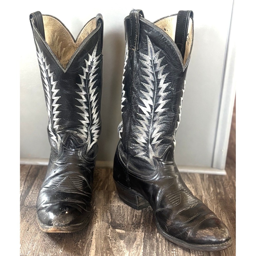 Vintage Tony Lama Cowboy Boots Men's 9D Classic Gold Label Black Western